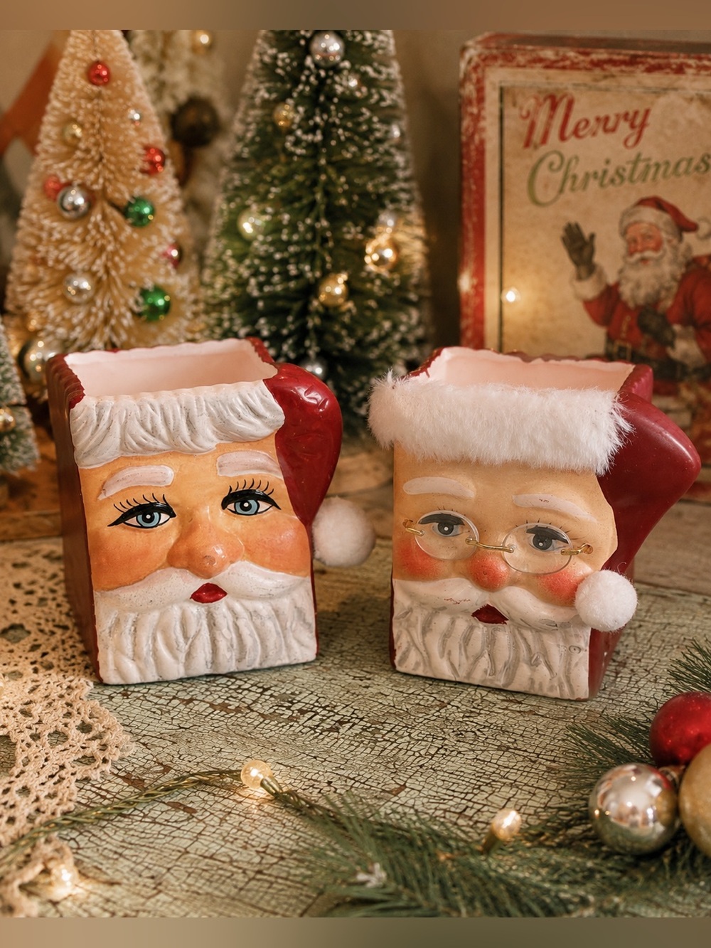 Vintage Santa Claus Ceramic Gift Bag Planters Set of 2 Christmas Decor